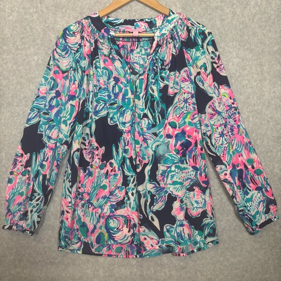 Lilly Pulitzer Elsa Abstract Floral Print Silk Blouse-Pink/Blue-Women Small - Picture 2 of 6
